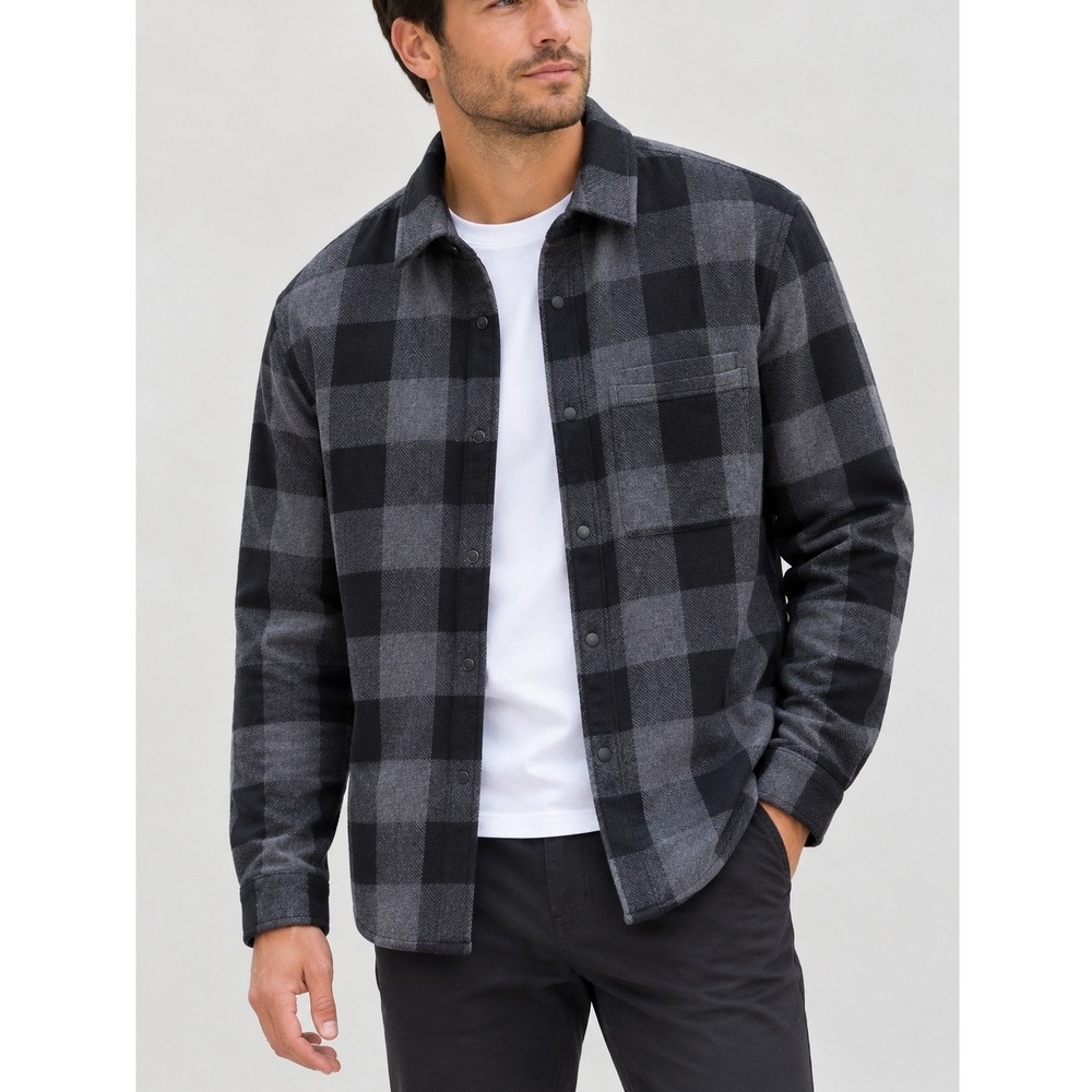 Lululemon Masons Peak Flannel Mens XL Grey Black Buffalo Plaid Snap Shirt